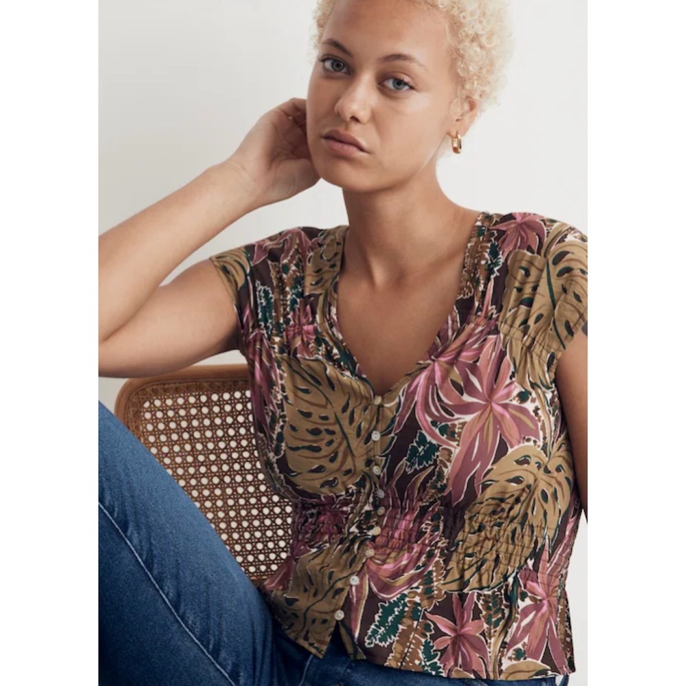 Madewell Tropical Floral Print Short Cap Sleeve Linen Blend Top